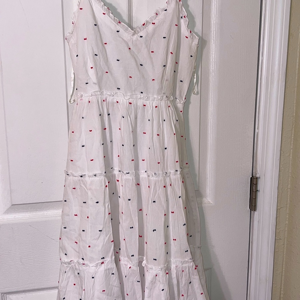 NWT Sim and Sam white tiered dress with red and blue polka dots.